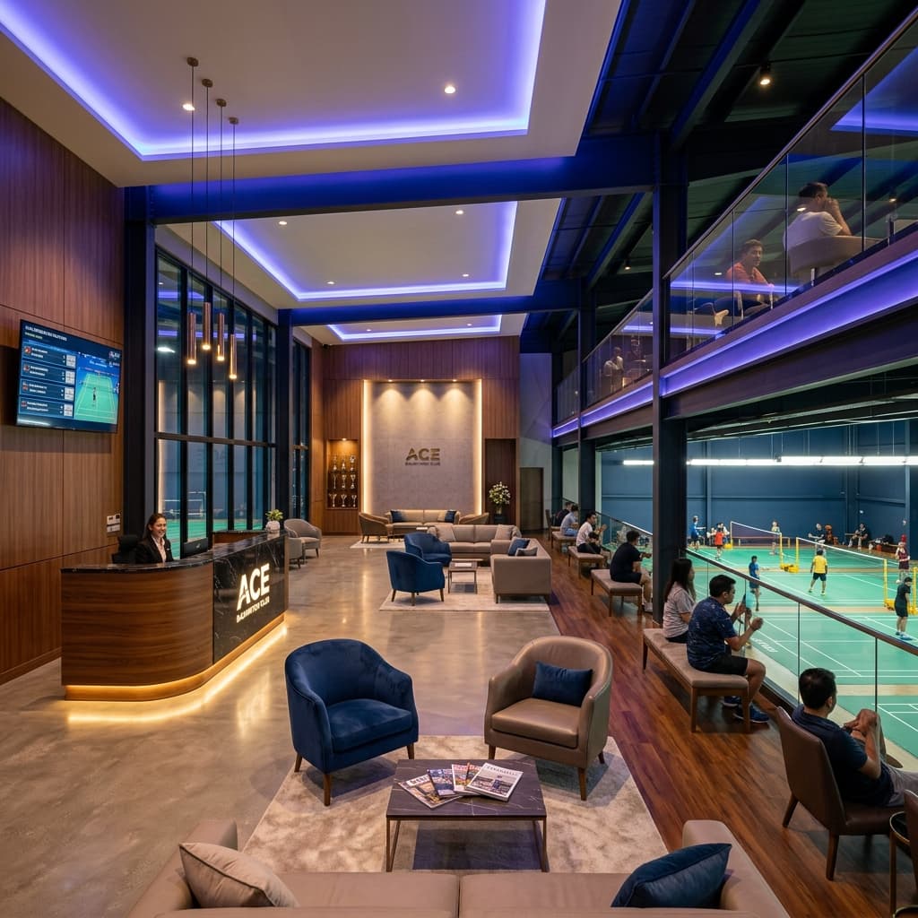 Reception lounge and elevated spectator balcony at Chandras Arena indoor badminton facility, Bhopal
