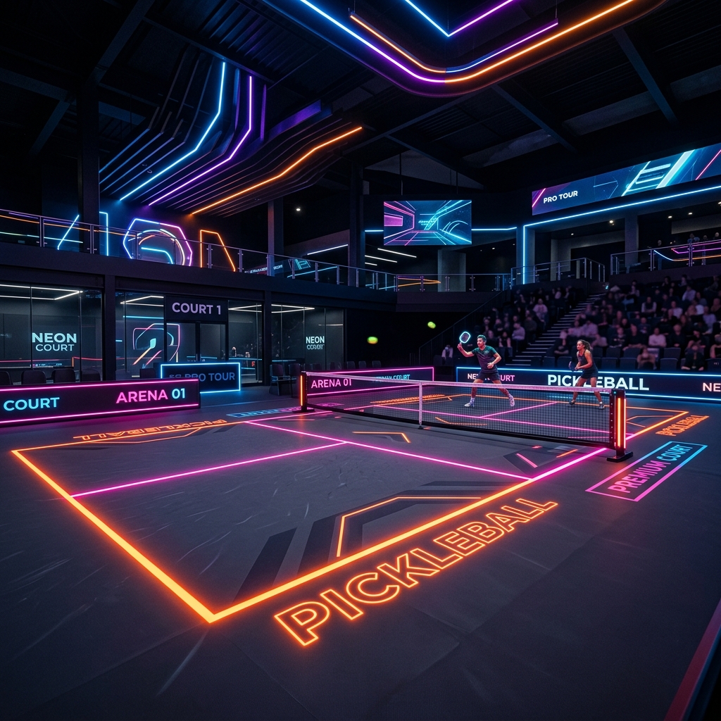 Vibrant neon pickleball court layout setup at Chandras Arena Bhopal